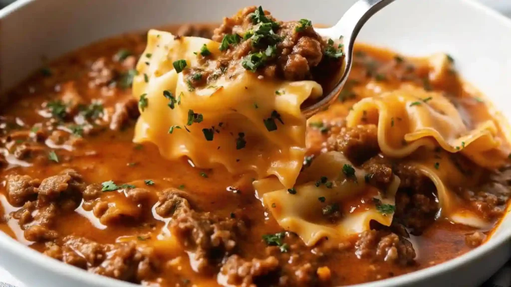 Close-up of hearty lasagna soup filled with noodles, rich tomato sauce, and a dollop of ricotta and mozzarella.