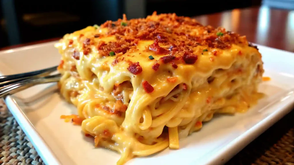 Baked spicy Southern cheesy chicken spaghetti casserole in a dish, topped with melted golden cheese and diced tomatoes.