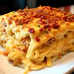 Baked spicy Southern cheesy chicken spaghetti casserole in a dish, topped with melted golden cheese and diced tomatoes.