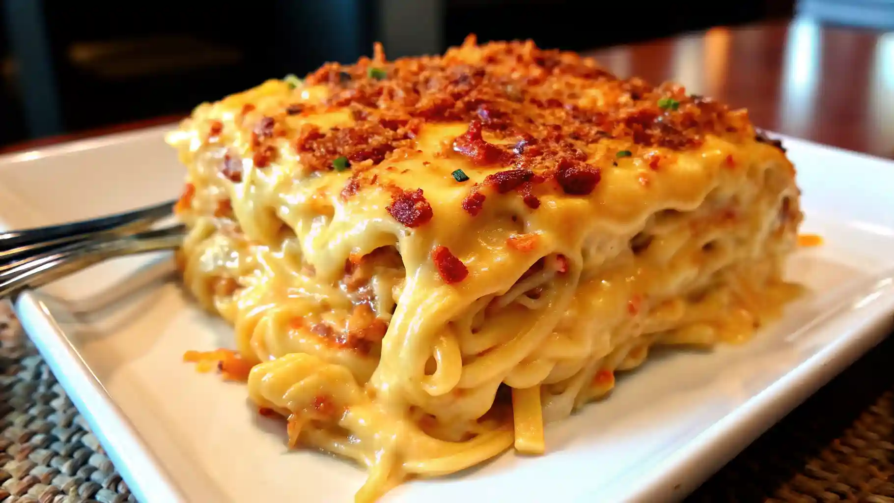 Baked spicy Southern cheesy chicken spaghetti casserole in a dish, topped with melted golden cheese and diced tomatoes.