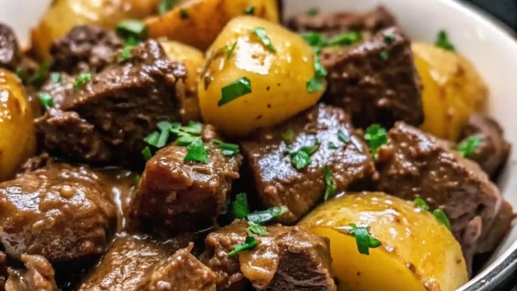 Garlic butter beef bites served with crispy roasted potatoes in a skillet, garnished with fresh herbs.