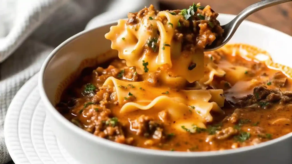 One pot lasagna soup in a bowl with pasta, ground meat, tomato broth, and melted cheese on top.