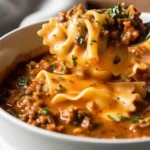 One pot lasagna soup in a bowl with pasta, ground meat, tomato broth, and melted cheese on top.