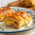 Sausage egg breakfast roll-ups made with golden baked dough wrapped around scrambled eggs, sausage, and melted cheese.