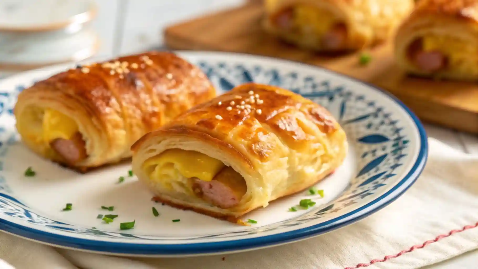 Sausage egg breakfast roll-ups made with golden baked dough wrapped around scrambled eggs, sausage, and melted cheese.