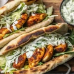 Sheet pan chicken pitas filled with roasted spiced chicken, creamy herby ranch slaw, and avocado chunks, served in warm pita bread on a rustic wooden board.