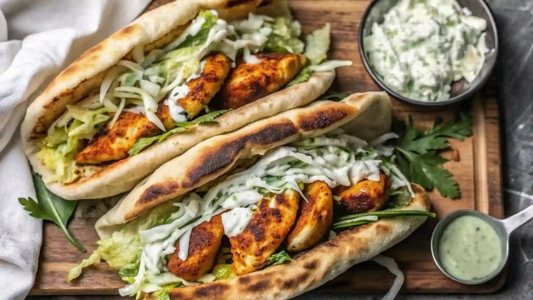 Sheet pan chicken pitas filled with roasted spiced chicken, creamy herby ranch slaw, and avocado chunks, served in warm pita bread on a rustic wooden board.