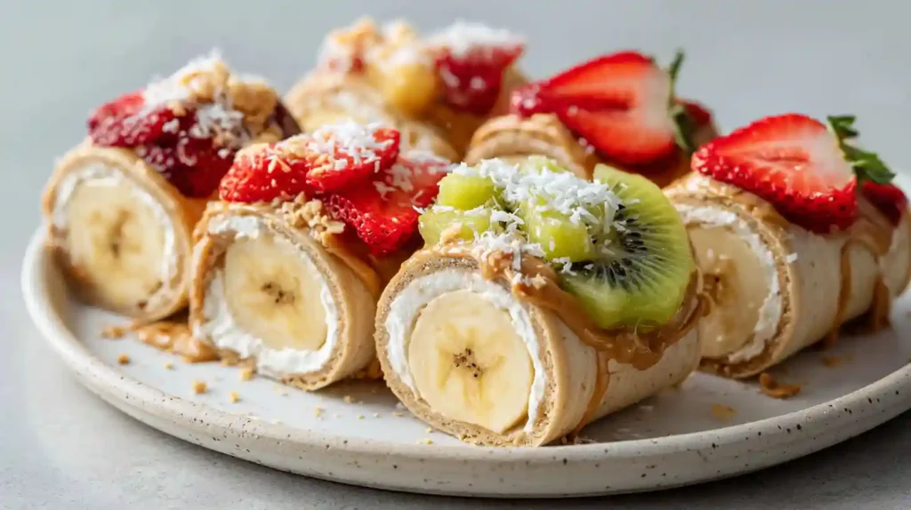 Kids lunchbox banana sushi rolls with strawberry and kiwi slices for decoration.