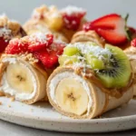 Kids lunchbox banana sushi rolls with strawberry and kiwi slices for decoration.