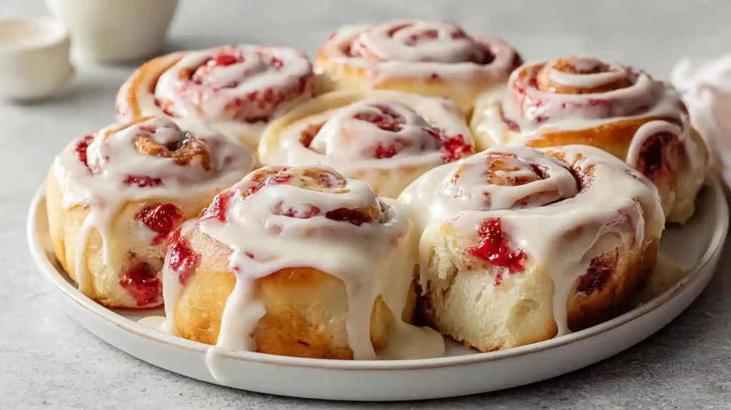 Fluffy strawberry lemon rolls with icing drizzled over golden brown spirals on a wire cooling rack.