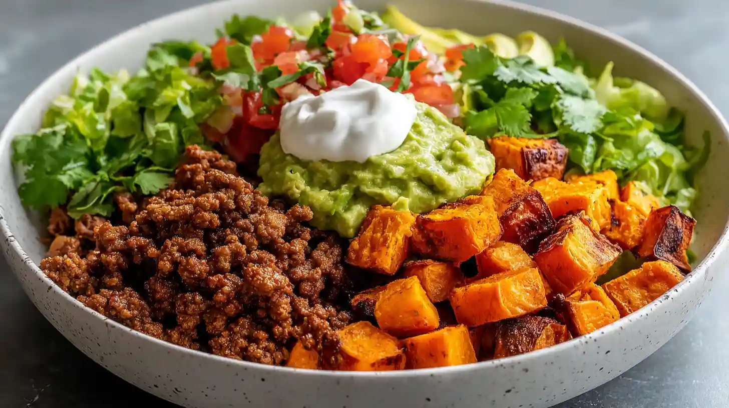 Healthy meal prep steak burrito bowls with seasoned steak, lettuce, rice, beans, and fresh toppings arranged in containers.