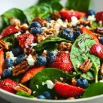 15-minute strawberry spinach salad featuring fresh baby spinach, sliced strawberries, blueberries, crumbled feta cheese, toasted pecans, and balsamic glaze drizzle in large white bowl.