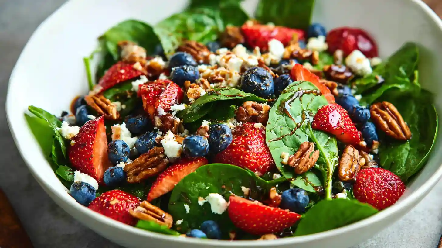 15-minute strawberry spinach salad featuring fresh baby spinach, sliced strawberries, blueberries, crumbled feta cheese, toasted pecans, and balsamic glaze drizzle in large white bowl.