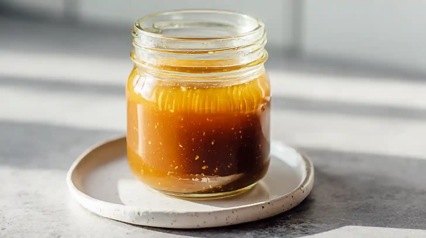 Five minute Asian salad dressing with sesame oil, rice vinegar, soy sauce, honey, and fresh ginger in glass jar