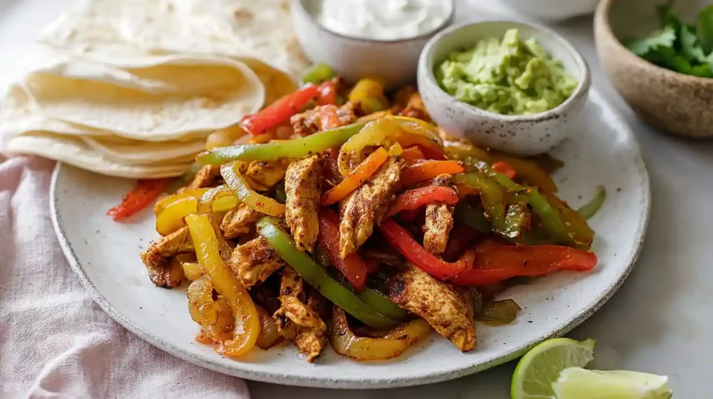 Air fryer chicken fajitas with seasoned chicken strips, red yellow green bell peppers, red onion, and warm flour tortillas