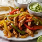 Air fryer chicken fajitas with seasoned chicken strips, red yellow green bell peppers, red onion, and warm flour tortillas