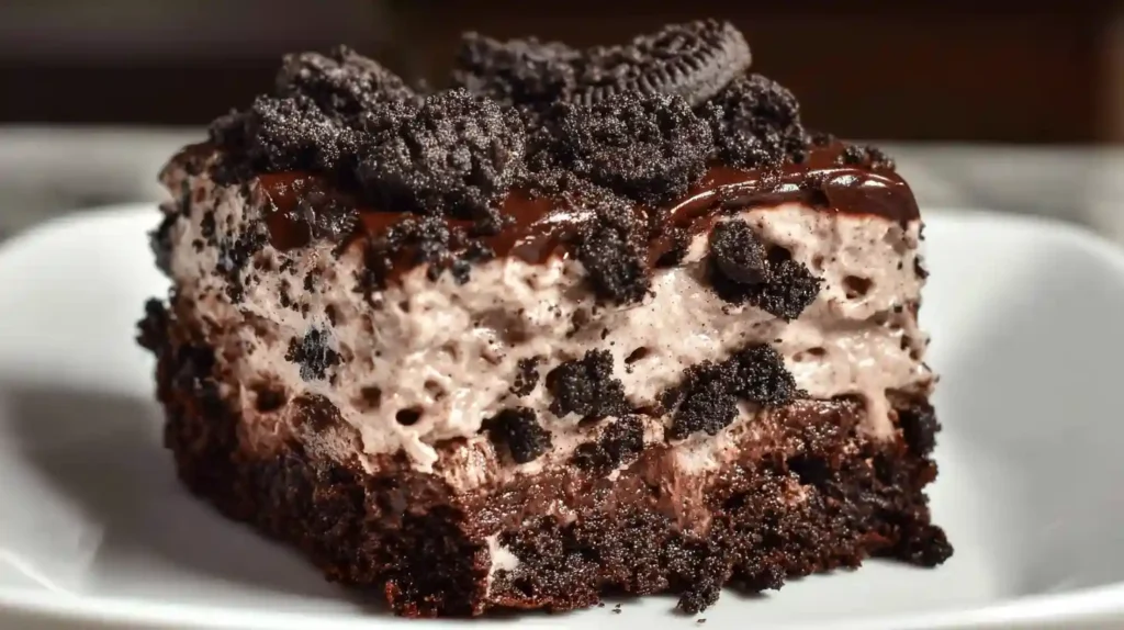 Classic dirt cake recipe with crushed Oreo cookie crumbs, creamy vanilla pudding filling, Cool Whip, and gummy worms on top