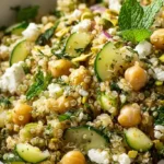 Jennifer Aniston Friends salad with bulgur wheat, chickpeas, cucumber, pistachios, feta cheese, and fresh mint parsley dressing