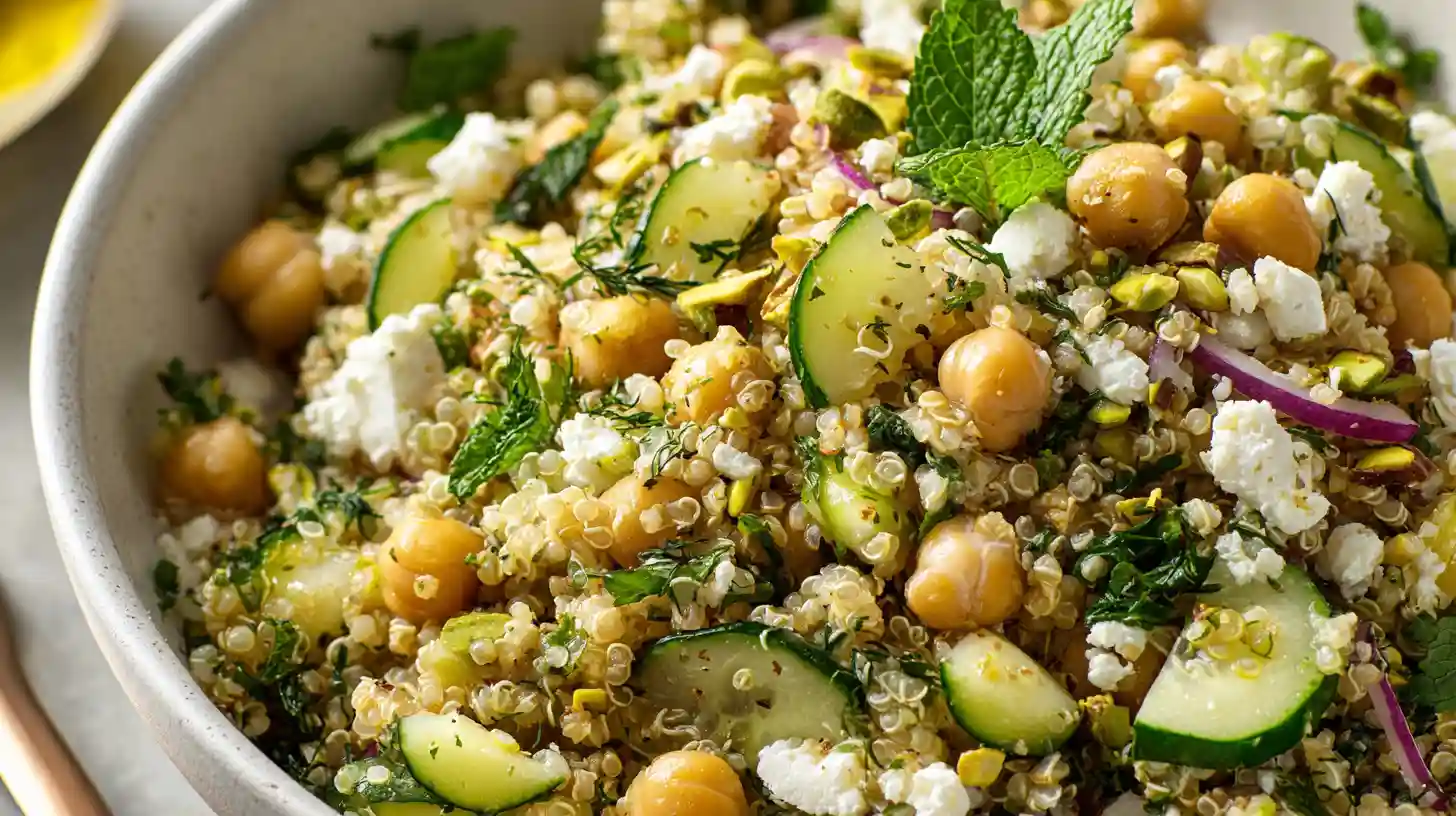 Jennifer Aniston Friends salad with bulgur wheat, chickpeas, cucumber, pistachios, feta cheese, and fresh mint parsley dressing