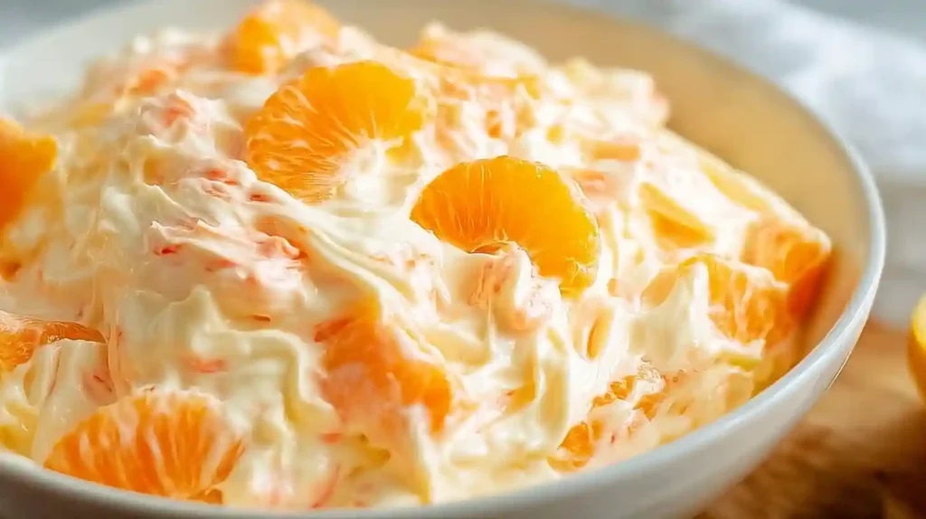 Mandarin orange jello salad with cottage cheese, Cool Whip, mini marshmallows, crushed pineapple, and orange gelatin