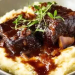 Red wine braised short ribs in Dutch oven with carrots, celery, onions, fresh thyme, and rich Cabernet Sauvignon sauce