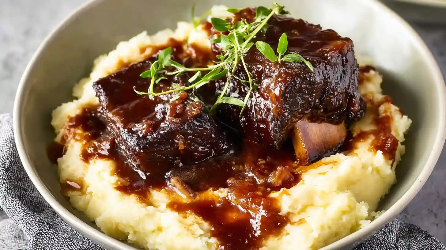 Red wine braised short ribs in Dutch oven with carrots, celery, onions, fresh thyme, and rich Cabernet Sauvignon sauce