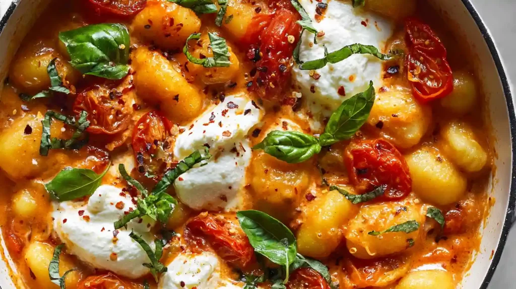 One skillet creamy tomato gnocchi with burrata, cherry tomatoes, garlic, heavy cream, red pepper flakes, and fresh basil leaves