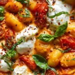 One skillet creamy tomato gnocchi with burrata, cherry tomatoes, garlic, heavy cream, red pepper flakes, and fresh basil leaves