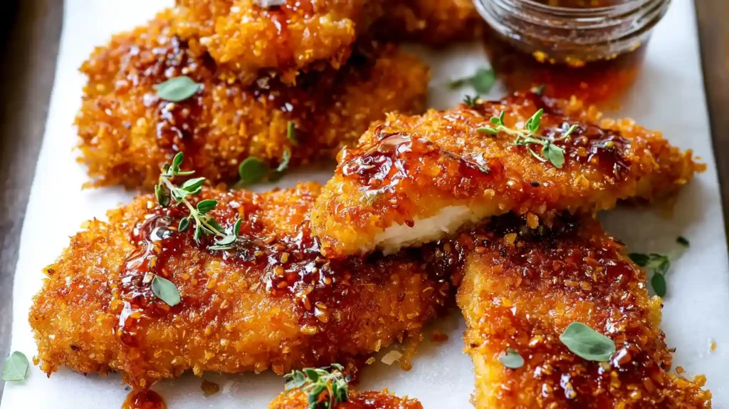 Baked crunchy hot honey chicken on sheet pan with golden cornflake parmesan crust, sweet spicy glaze, and fresh thyme garnish