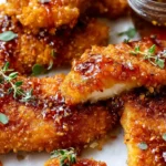 Baked crunchy hot honey chicken on sheet pan with golden cornflake parmesan crust, sweet spicy glaze, and fresh thyme garnish