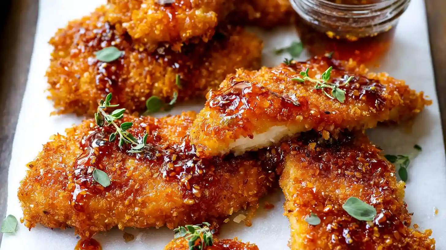 Baked crunchy hot honey chicken on sheet pan with golden cornflake parmesan crust, sweet spicy glaze, and fresh thyme garnish