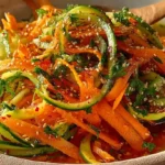 Crisp fresh cucumber carrot salad in white bowl with julienned carrots, sliced English cucumber, green onions, sesame seeds, and tangy Asian sesame soy dressing ready in 10 minutes