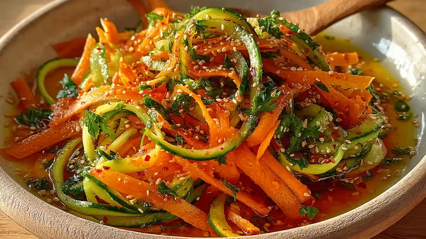 Crisp fresh cucumber carrot salad in white bowl with julienned carrots, sliced English cucumber, green onions, sesame seeds, and tangy Asian sesame soy dressing ready in 10 minutes