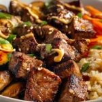 Hibachi steak bowl ready in 30 minutes with seared sirloin bites, garlic butter fried rice, stir-fried zucchini mushrooms carrots, and creamy yum yum sauce