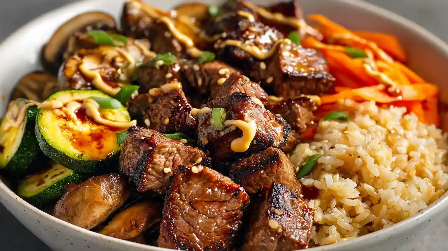 Hibachi steak bowl ready in 30 minutes with seared sirloin bites, garlic butter fried rice, stir-fried zucchini mushrooms carrots, and creamy yum yum sauce