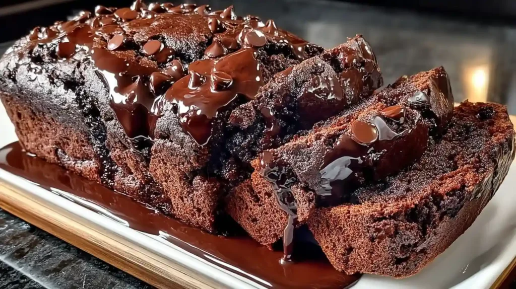 Hot fudge brownie bread loaf sliced on white parchment revealing ultra-fudgy dark crumb, made with one box brownie mix, one jar hot fudge sauce, three eggs, and canola oil baked at 350°F