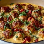 Marry Me Chicken Meatballs in creamy sun-dried tomato parmesan sauce with fresh basil, spinach, and red pepper flakes served in blue enamel skillet over pasta ready in 30 minutes