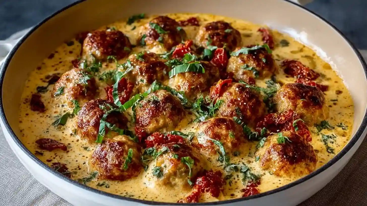 Marry Me Chicken Meatballs in creamy sun-dried tomato parmesan sauce with fresh basil, spinach, and red pepper flakes served in blue enamel skillet over pasta ready in 30 minutes
