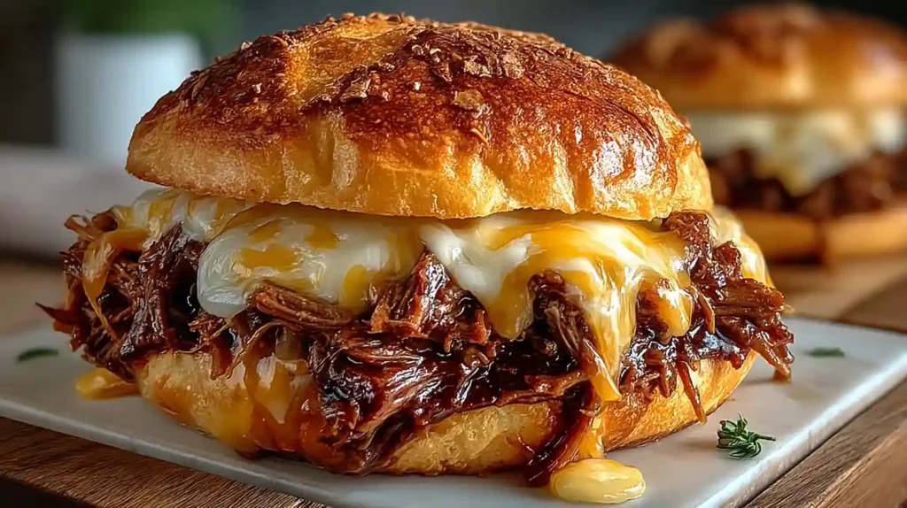 Pulled beef sandwich with slow cooked shredded chuck roast, smoky BBQ sauce, toasted brioche bun, dill pickles, sliced cheddar cheese, and coleslaw served on white parchment