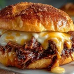 Pulled beef sandwich with slow cooked shredded chuck roast, smoky BBQ sauce, toasted brioche bun, dill pickles, sliced cheddar cheese, and coleslaw served on white parchment