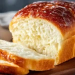 Soft fluffy homemade white bread loaf sliced on wooden cutting board with golden domed crust, fine even crumb, two cups warm water, instant yeast, all-purpose flour, sugar, and melted butter baked at 350°F