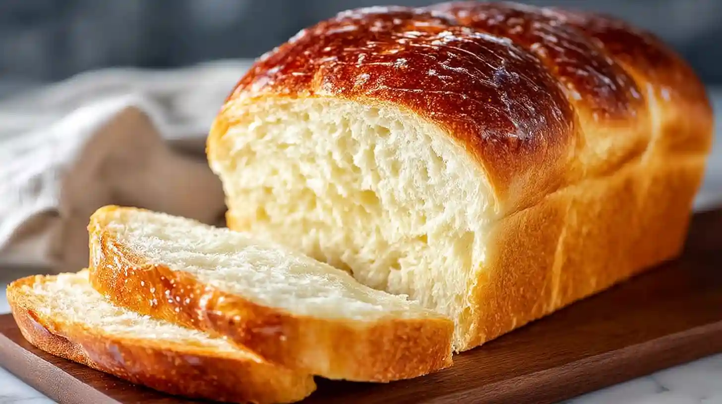 Soft fluffy homemade white bread loaf sliced on wooden cutting board with golden domed crust, fine even crumb, two cups warm water, instant yeast, all-purpose flour, sugar, and melted butter baked at 350°F