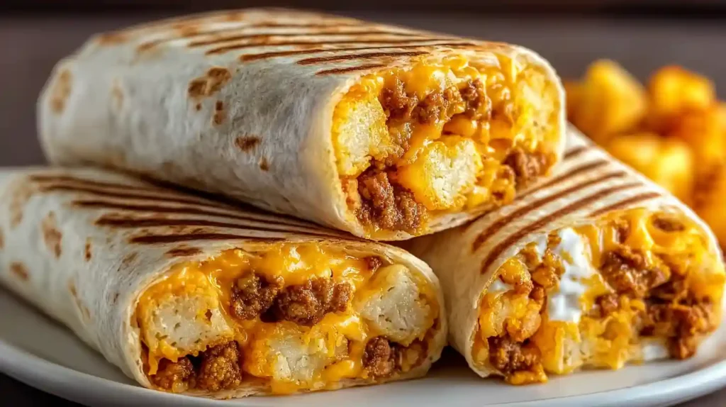 Cheesy potato burritos Taco Bell copycat with crispy air-fried tater tot-style potato bites made from three large russet potatoes cubed small and tossed in olive oil, salt, pepper, garlic powder, and paprika, air-fried at 400°F for 25 minutes until golden, layered in burrito-size flour tortillas with seasoned ground beef browned with chili powder, cumin, onion powder, and garlic powder, nacho cheese sauce, sour cream, and extra shredded cheddar - rolled tight and skillet-toasted golden brown on both sides