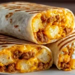 Cheesy potato burritos Taco Bell copycat with crispy air-fried tater tot-style potato bites made from three large russet potatoes cubed small and tossed in olive oil, salt, pepper, garlic powder, and paprika, air-fried at 400°F for 25 minutes until golden, layered in burrito-size flour tortillas with seasoned ground beef browned with chili powder, cumin, onion powder, and garlic powder, nacho cheese sauce, sour cream, and extra shredded cheddar - rolled tight and skillet-toasted golden brown on both sides