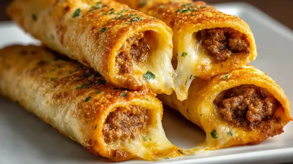 Cheesy taco sticks ready in 30 minutes with 1 pound ground beef browned crumbled skillet fully cooked drained, 1 packet taco seasoning water simmered absorbed, 1 tube Pillsbury pizza dough unrolled cut lengthwise then 4 cuts creating 10 equal rectangles, each centered 1 tablespoon seasoned taco beef and 1 halved Colby Jack cheddar cheese stick, dough folded lengthwise all seams pinched firmly sealed, placed seam-side-down parchment-lined baking sheet, brushed 4 tablespoons melted butter 1 teaspoon garlic powder 1 teaspoon dried parsley, baked 425°F 10-12 minutes deeply golden served salsa sour cream guacamole
