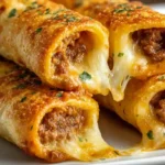 Cheesy taco sticks ready in 30 minutes with 1 pound ground beef browned crumbled skillet fully cooked drained, 1 packet taco seasoning water simmered absorbed, 1 tube Pillsbury pizza dough unrolled cut lengthwise then 4 cuts creating 10 equal rectangles, each centered 1 tablespoon seasoned taco beef and 1 halved Colby Jack cheddar cheese stick, dough folded lengthwise all seams pinched firmly sealed, placed seam-side-down parchment-lined baking sheet, brushed 4 tablespoons melted butter 1 teaspoon garlic powder 1 teaspoon dried parsley, baked 425°F 10-12 minutes deeply golden served salsa sour cream guacamole