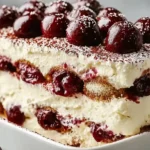 Cherry Amaretto tiramisu in 8-inch square dish with homemade cherry syrup of 4 cups pitted halved fresh cherries, one-third cup water, half cup sugar, 2 teaspoons lemon juice simmered until jammy then strained and spiked with 2-4 tablespoons Amaretto - ladyfingers briefly dipped soaking syrup arranged two layers, cherry mascarpone cream of 16 ounces mascarpone, three-quarter cup sugar, two-thirds cup cherry syrup, 1 teaspoon vanilla, 1 teaspoon almond extract folded with 1.5 cups whipped heavy cream spread between layers, refrigerated minimum 4 hours, dusted cocoa powder fresh cherries garnish