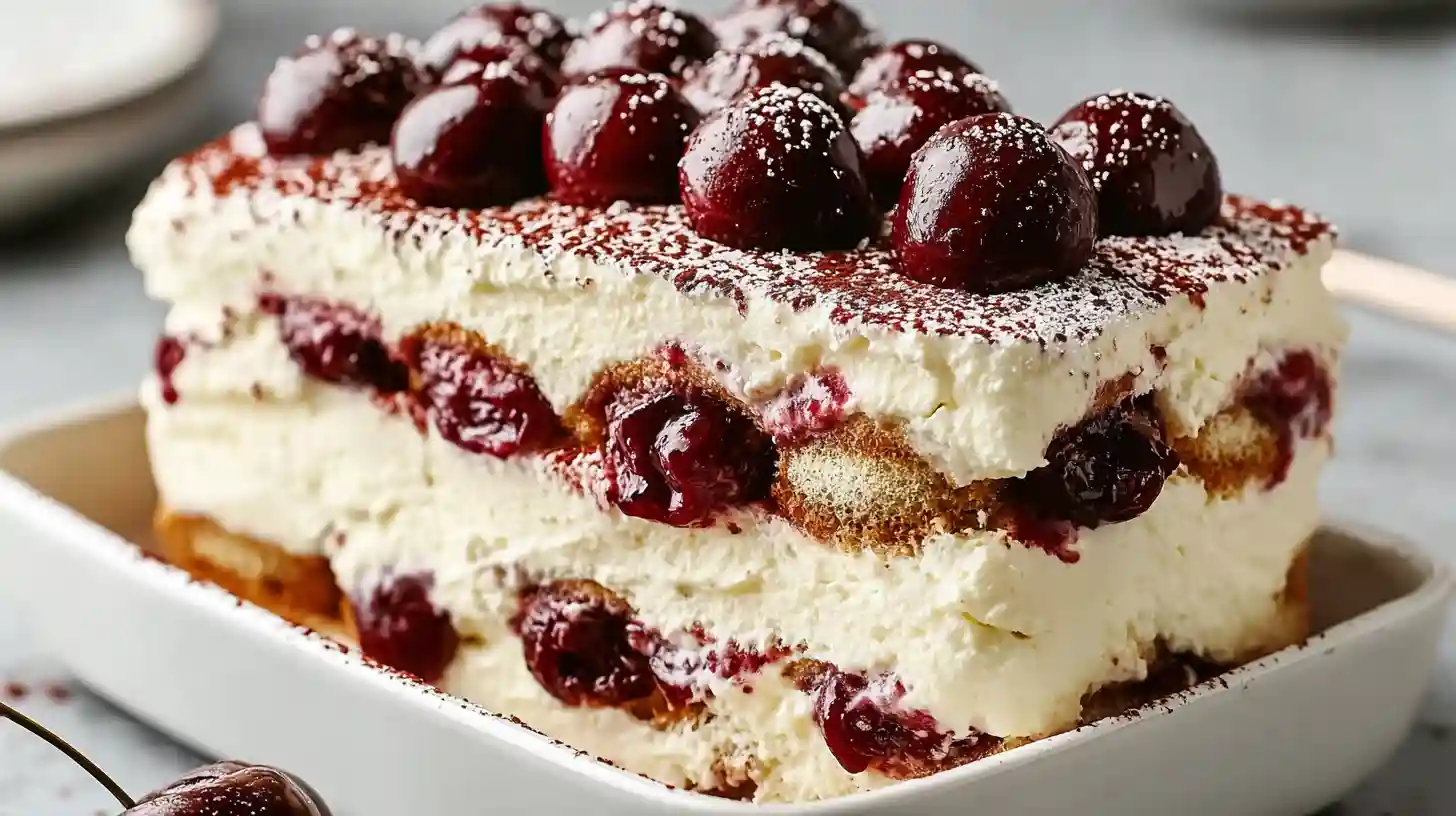 Cherry Amaretto tiramisu in 8-inch square dish with homemade cherry syrup of 4 cups pitted halved fresh cherries, one-third cup water, half cup sugar, 2 teaspoons lemon juice simmered until jammy then strained and spiked with 2-4 tablespoons Amaretto - ladyfingers briefly dipped soaking syrup arranged two layers, cherry mascarpone cream of 16 ounces mascarpone, three-quarter cup sugar, two-thirds cup cherry syrup, 1 teaspoon vanilla, 1 teaspoon almond extract folded with 1.5 cups whipped heavy cream spread between layers, refrigerated minimum 4 hours, dusted cocoa powder fresh cherries garnish