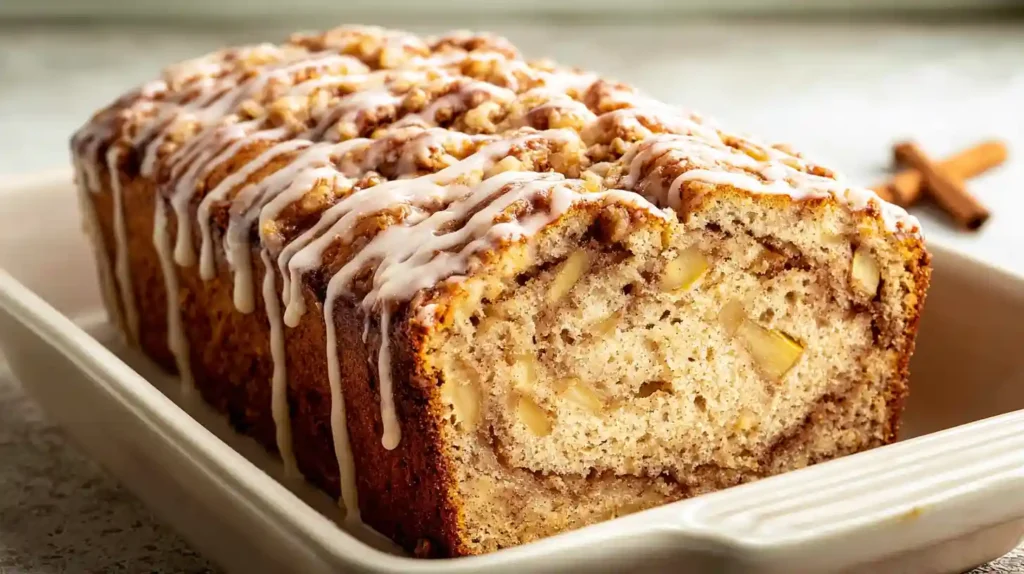 Classic layered cinnamon apple bread double cinnamon sugar filling beginner easy - cinnamon sugar half cup packed brown sugar 1.5 teaspoons cinnamon stirred set aside, 1 large apple Fuji Gala Granny Smith peeled chopped small pieces set aside, half cup softened salted butter two-third cup granulated white sugar mixer low-medium combined crumbly, 2 eggs 2 teaspoons vanilla added medium-low smooth no chunks, dry 1.5 cups all-purpose flour 1 teaspoon baking powder half teaspoon salt added, half cup milk slowly mixed just combined, half batter greased 9x5 pan half apples half cinnamon sugar repeated layers patted smooth baked 350°F 50-55 minutes toothpick clean rested 10 minutes sliced warm butter