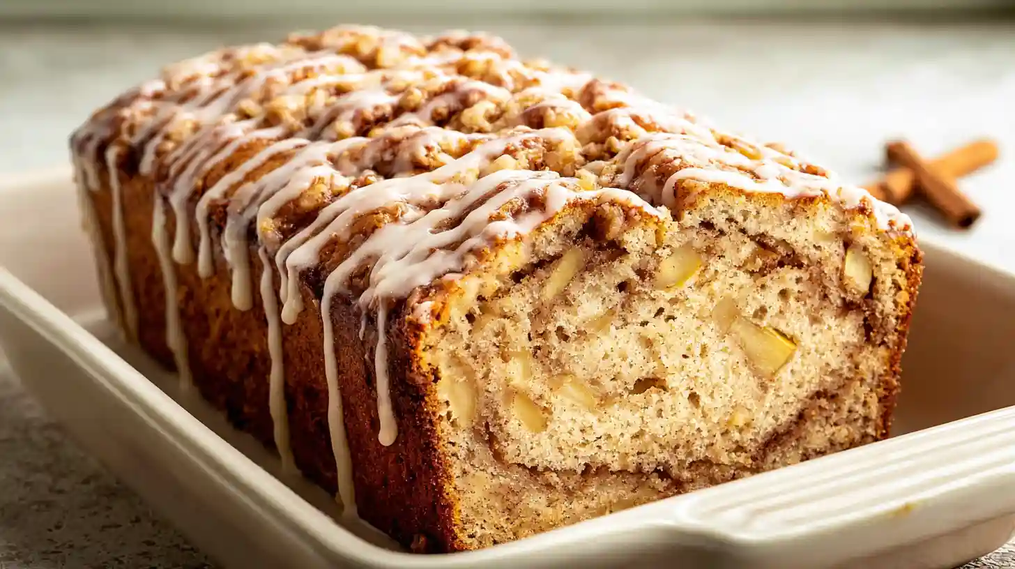 Classic layered cinnamon apple bread double cinnamon sugar filling beginner easy - cinnamon sugar half cup packed brown sugar 1.5 teaspoons cinnamon stirred set aside, 1 large apple Fuji Gala Granny Smith peeled chopped small pieces set aside, half cup softened salted butter two-third cup granulated white sugar mixer low-medium combined crumbly, 2 eggs 2 teaspoons vanilla added medium-low smooth no chunks, dry 1.5 cups all-purpose flour 1 teaspoon baking powder half teaspoon salt added, half cup milk slowly mixed just combined, half batter greased 9x5 pan half apples half cinnamon sugar repeated layers patted smooth baked 350°F 50-55 minutes toothpick clean rested 10 minutes sliced warm butter
